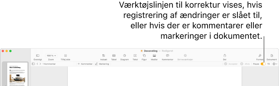 Værktøjslinjen i Pages med Registrer ændringer slået til og værktøjslinjen til korrektur nedenunder.