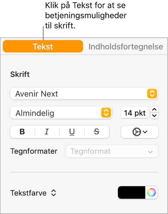Indholdsoversigten Format med fanen Tekst valgt og betjeningsmulighederne til at skifte skrift og skriftstørrelse og tilføje tegnformater.