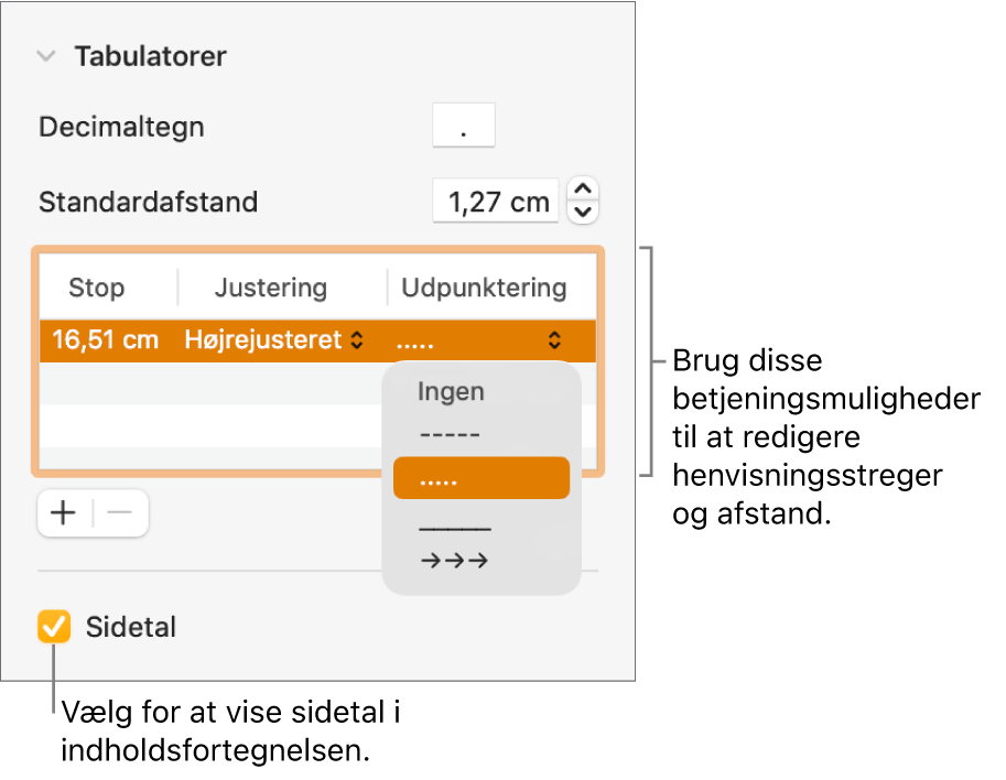 Sektionen Faner i indholdsoversigten Format. Under Standardafstand ses en tabel med kolonner til Stop, Justering og Udpunktering. Afkrydsningsfeltet Sidetal er valgt og ses under tabellen.