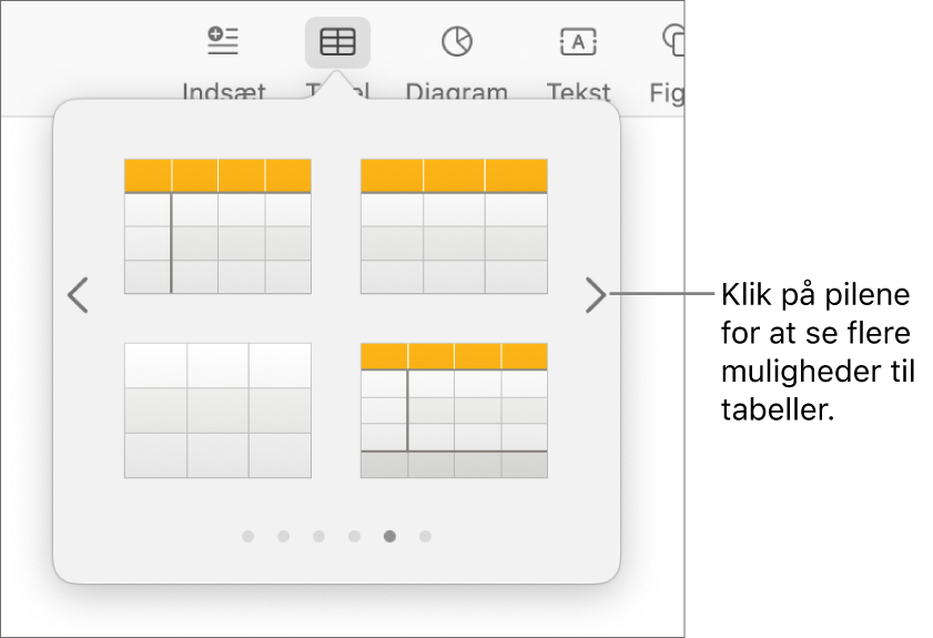 Menuen Tilføj tabel med navigationspile.