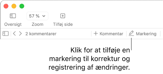 Menulinjen med Indsætmenuen og under den værktøjslinjen i Pages med korrekturværktøjer og en billedforklaring til knappen Marker.