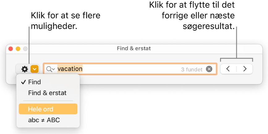 Vinduet Find & erstat med lokalmenuen, der viser mulighederne Find, Find & erstat, Hele ord og abc ≠ ABC. Med pilene til højre kan du hoppe til de forrige eller næste søgeresultater.