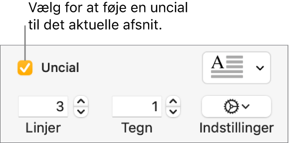 Afkrydsningsfeltet Uncial er valgt, og til højre for det vises en lokalmenu. Under det vises betjeningsmuligheder til indstilling af linjehøjde, antal tegn og andre indstillinger.