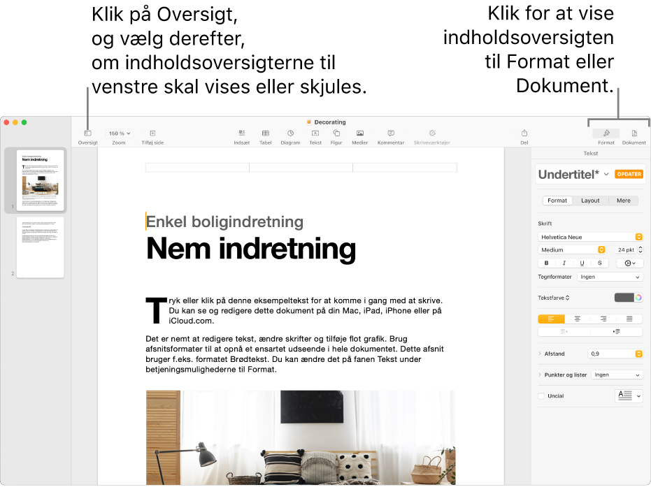 Pages-vinduet med billedforklaringer til knappen Oversigt og knapperne Format og Dokument på værktøjslinjen. Åbne indholdsoversigter til venstre og højre.
