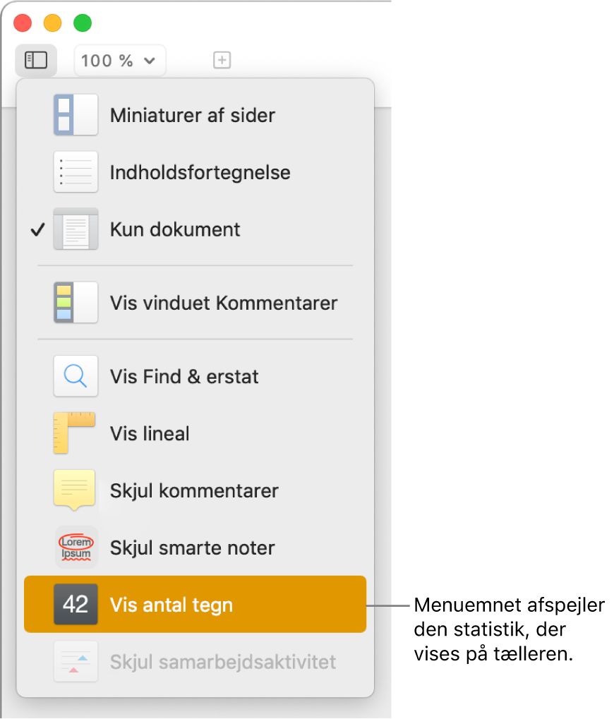 Oversigtmenuen åben med Vis antal tegn i bunden.