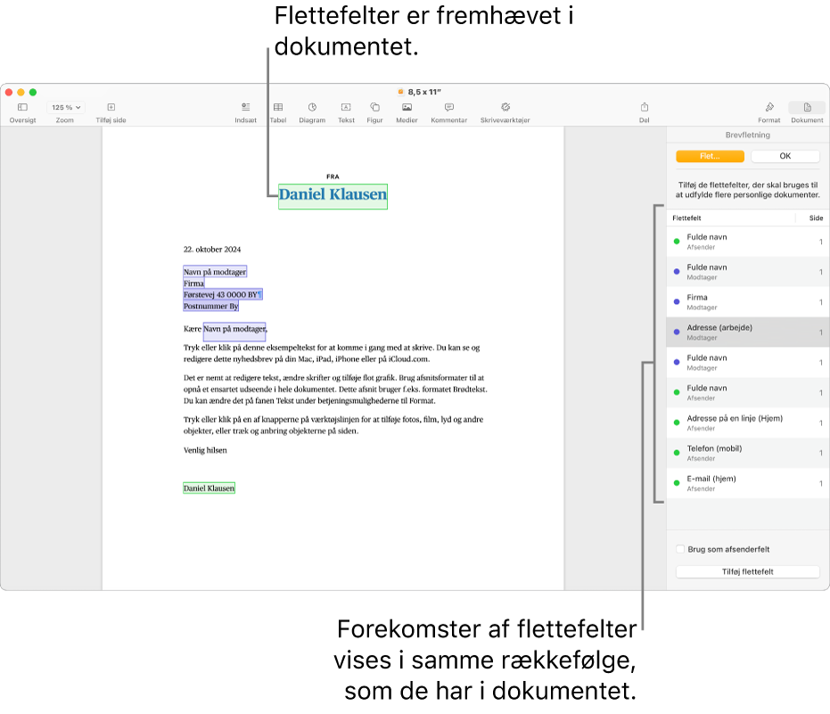 Pages-dokument med modtager- og afsenderfelter til brevfletning, og listen over forekomster af flettefelter vises i indholdsoversigten Dokument.