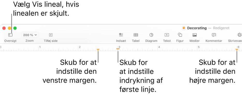 Lineal med mærkerne for venstre margen og første linjes indrykning.