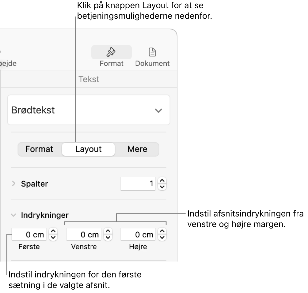 Betjeningsmuligheder under Layout i indholdsoversigten Format til indstilling af første linjes indrykning.
