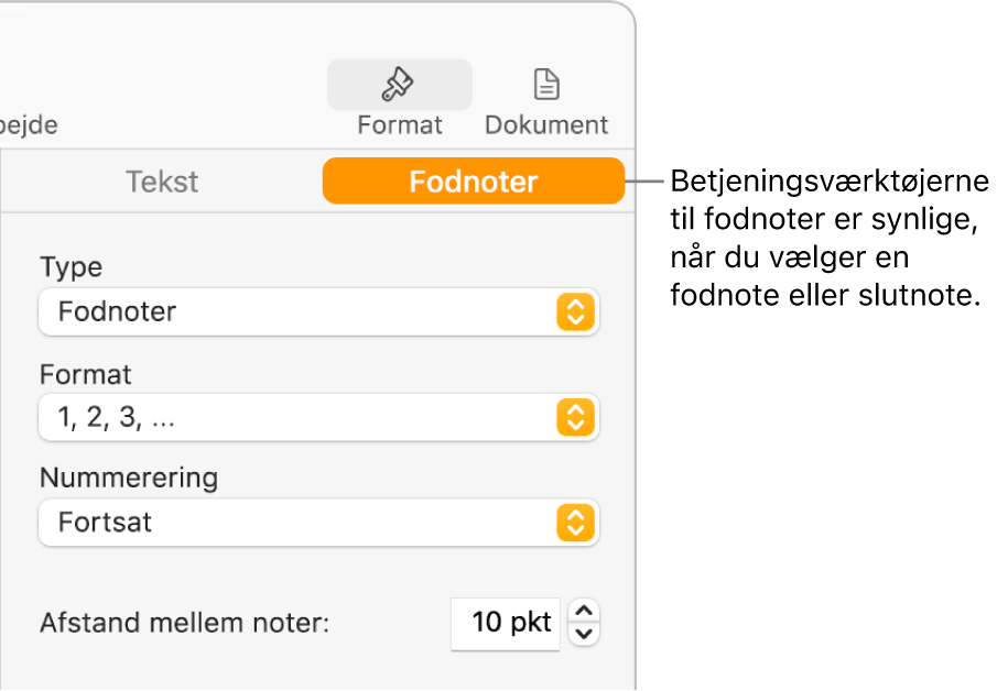 Vinduet Fodnoter med lokalmenuer til Type, Format, Nummerering og afstand mellem noter.
