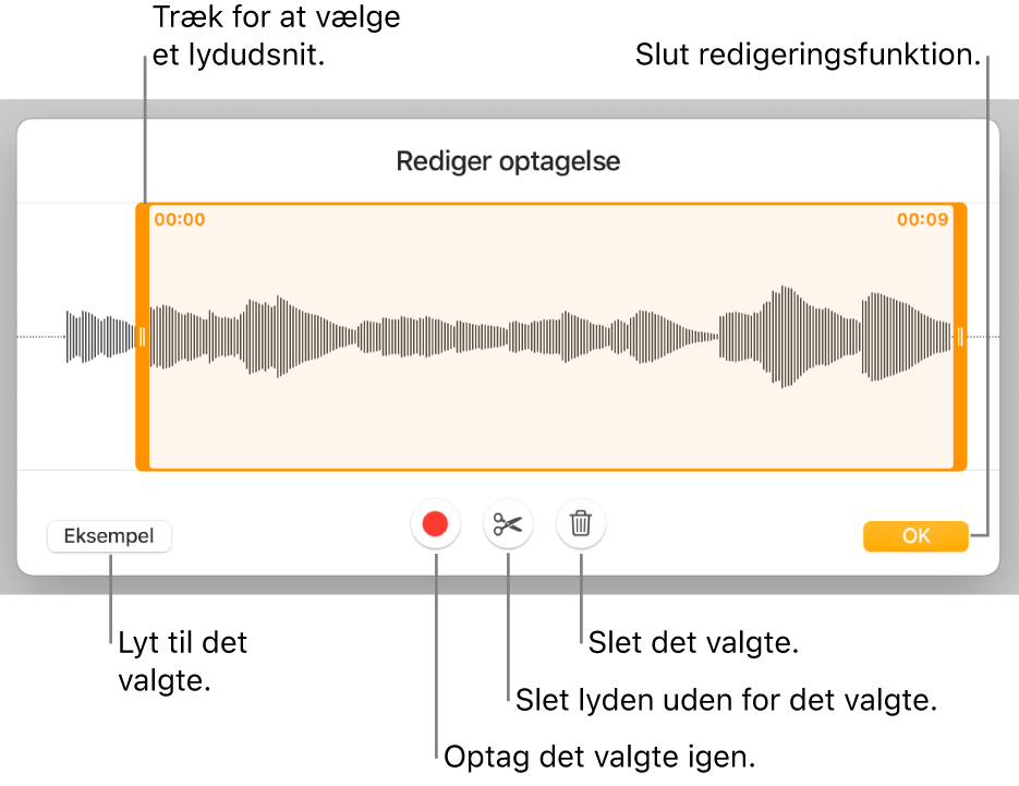 Betjeningsmuligheder til redigering af optaget lyd. Håndtag viser den valgte sektion af optagelsen, og derunder findes knapper til eksempel, optag, tilpas, slet og redigeringsfunktion.