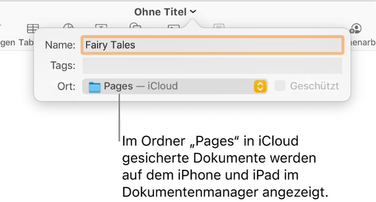Das Fenster „Sichern“ für ein Dokument mit Pages – iCloud im Einblendmenü „Ort“