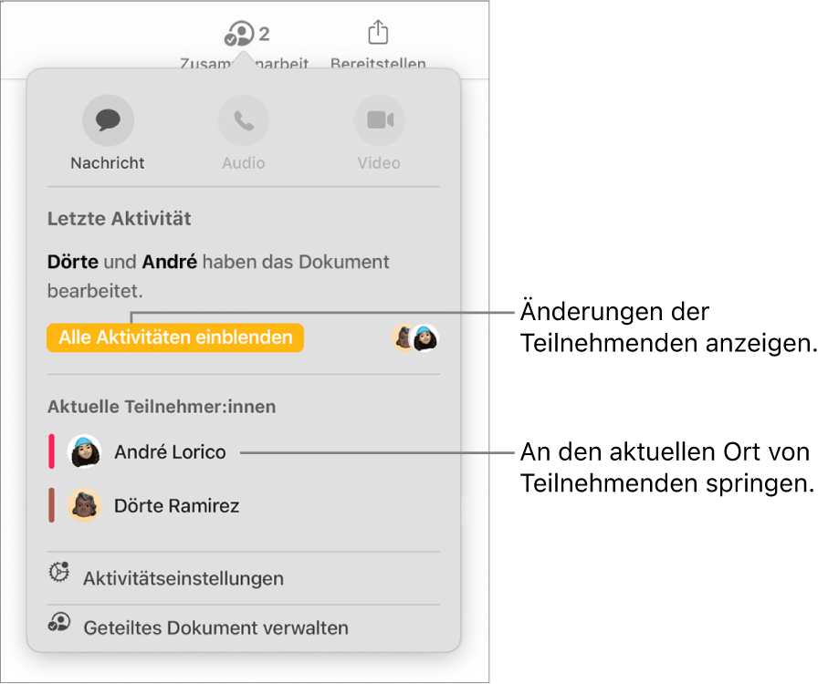 Das Menü „Zusammenarbeiten“, in dem zwei aktuelle Teilnehmer:innen aufgelistet sind.