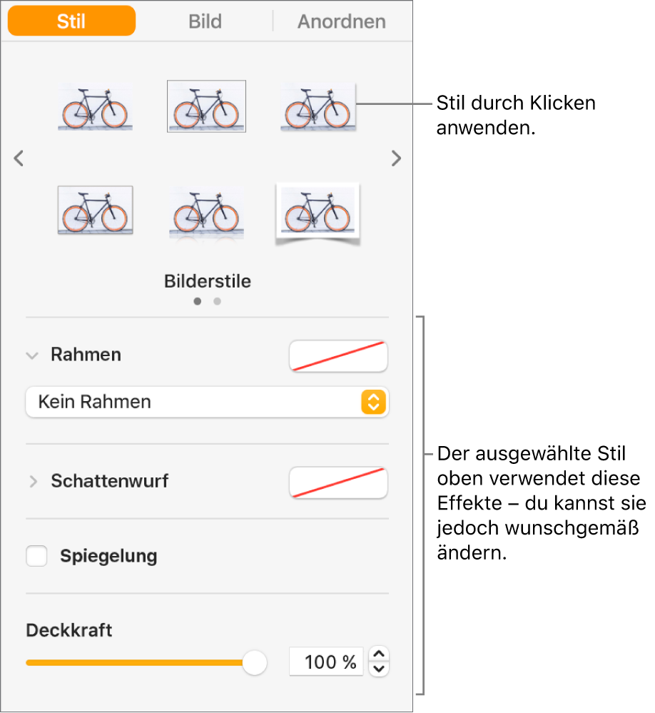 Der Tab „Stil“ der Seitenleiste „Format“ mit Optionen für Objektstile