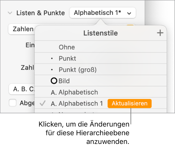Das Einblendmenü „Listenstile“ mit einer Taste „Aktualisieren“ neben dem Namen des neuen Stils
