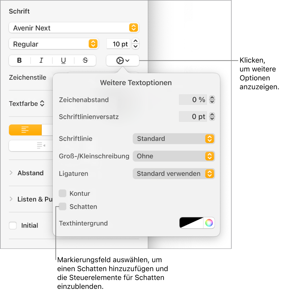 Das geöffnete Menü „Erweiterte Optionen“ mit der aktivierten Option „Schatten“ und Steuerelementen zum Konfigurieren von „Weichzeichnen“, „Versatz“, „Deckkraft“ und „Winkel“ sowie der Farbe.