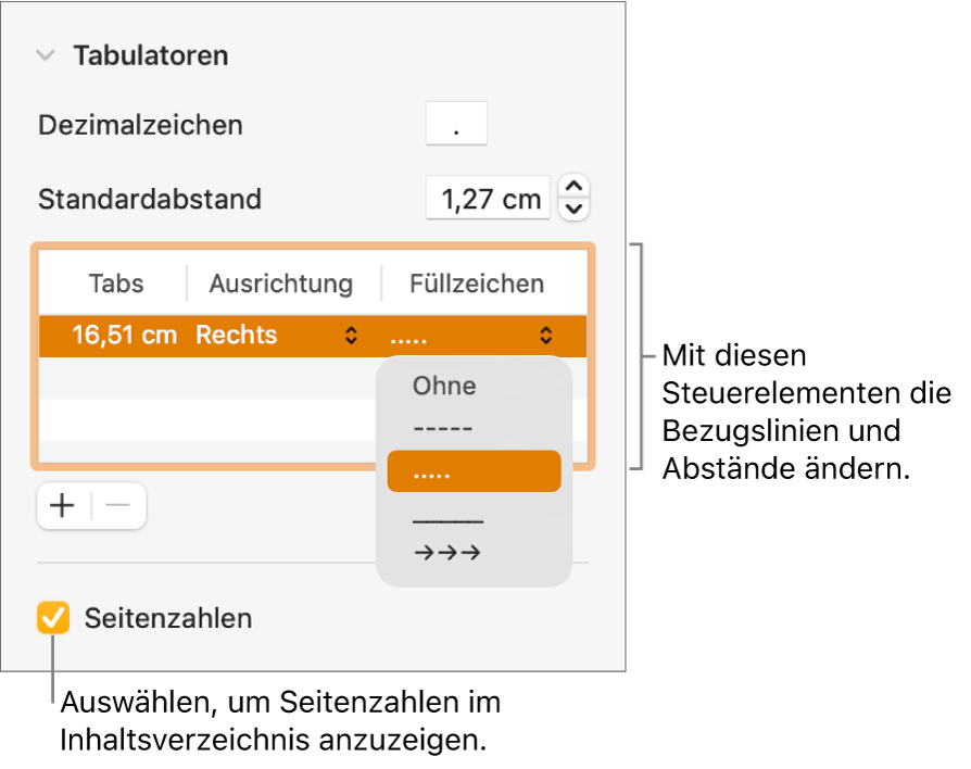 Der Abschnitt „Tabulatoren“ der Seitenleiste „Format“. Unterhalb des Bereichs „Standardabstand“ ist eine Tabelle mit den Spalten „Tabs“, „Ausrichtung“ und „Füllzeichen“ zu sehen. Unter der Tabelle wird das Feld „Seitenzahlen“ angezeigt, das hier ausgewählt ist.