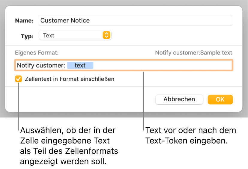 Das Fenster für ein eigenes Zellenformat mit Steuerelementen zum Auswählen eigener Textformatierung