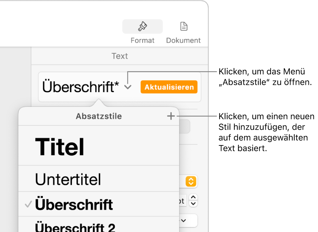 Das Menü „Absatzstile“ mit Steuerelementen zum Hinzufügen oder Ändern eines Stils