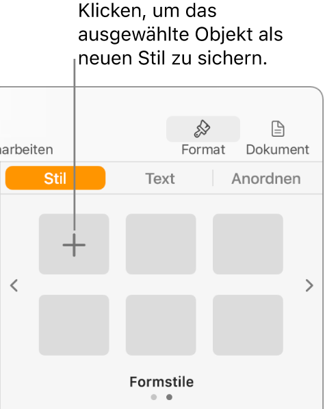 Der Tab „Stil“ der Seitenleiste „Format“ mit der Taste „Stil erstellen“ oben links und fünf leeren Stilplatzhaltern