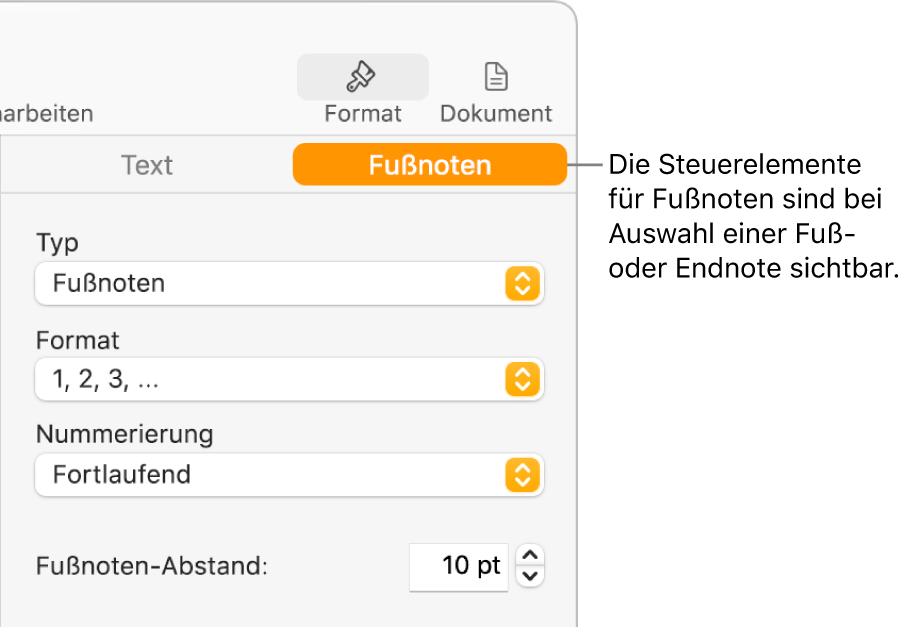 Der Tab „Fußnoten“ mit Einblendmenüs für „Typ“, „Format“, „Nummerierung“ und den Abstand zwischen den Fußnoten
