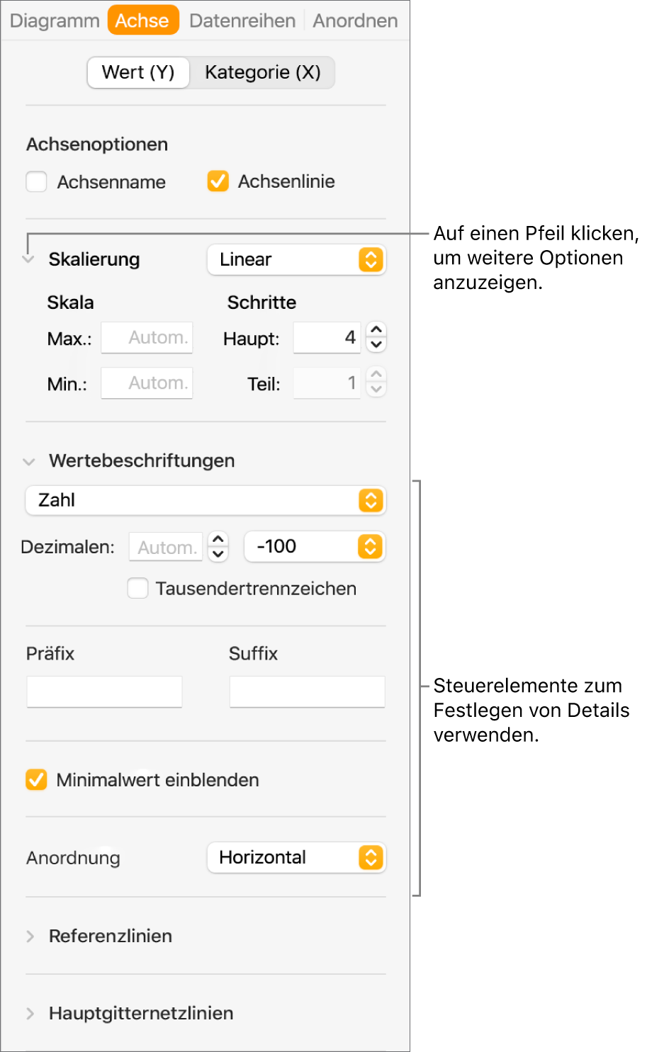 Steuerelemente zum Formatieren der Markierungen auf den Diagrammachsen