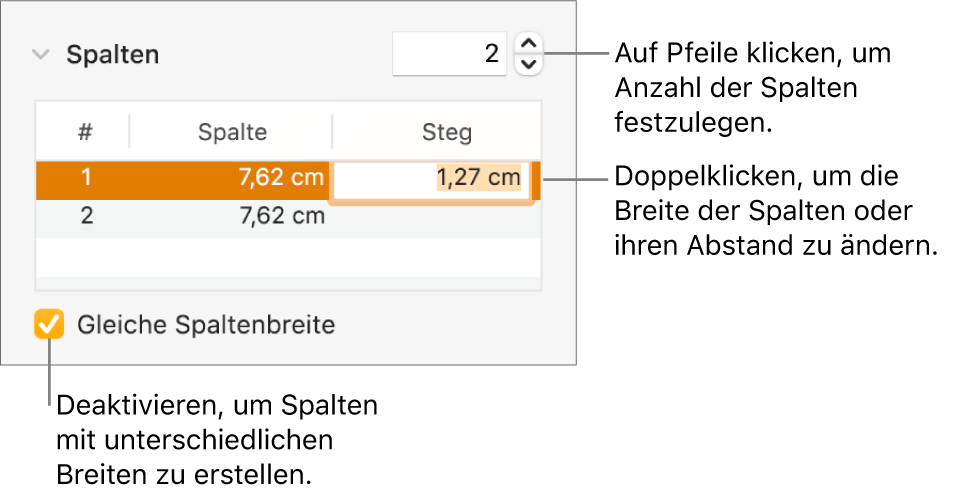 Bereich „Layout“ des Informationsfensters „Format“ mit Steuerelementen für Spalten