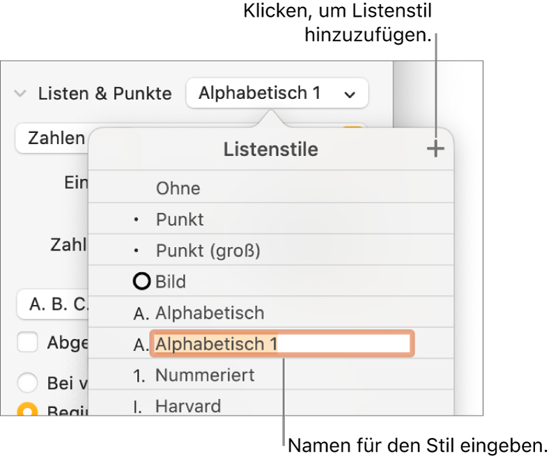 Das Einblendmenü „Listenstile“ mit einer Taste „Hinzufügen“ oben rechts in der Ecke und einem Platzhalter für einen Stilnamen, dessen Text ausgewählt ist.
