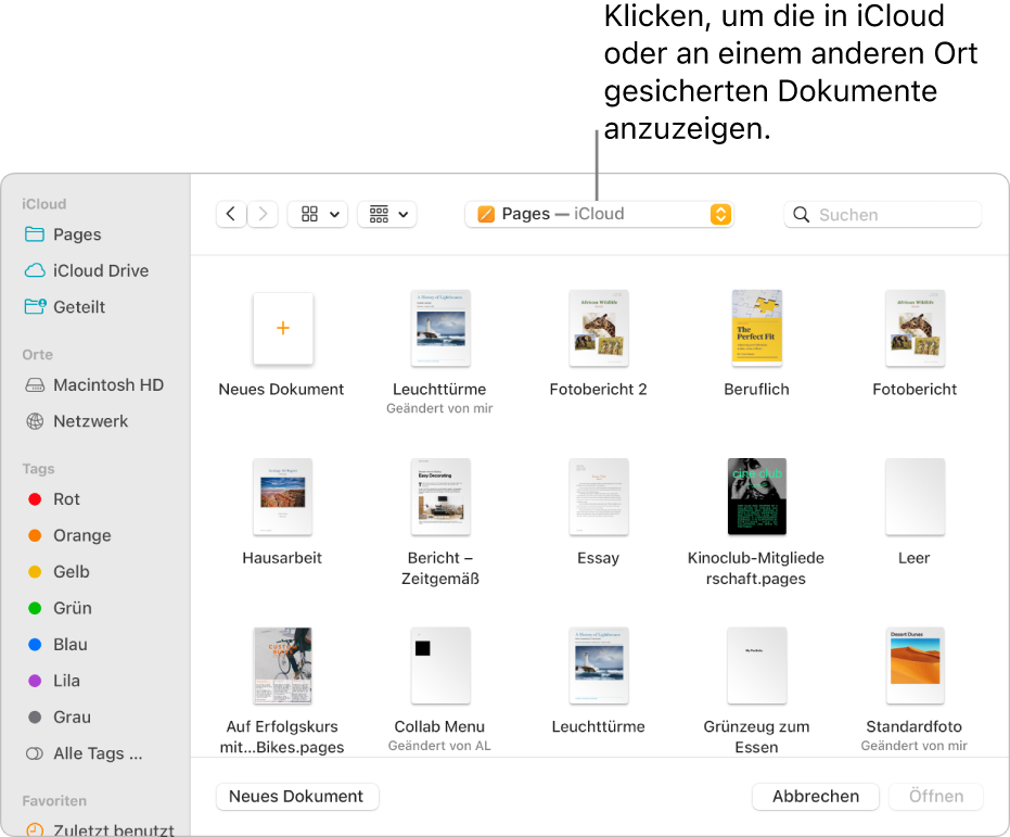 Das Dialogfenster „Öffnen“ mit der geöffneten Seitenleiste links und dem Einblendmenü oben, in dem iCloud Drive ausgewählt ist. Im Dialogfenster werden die Ordner für Keynote, Numbers und Pages und die Taste „Neues Dokument“ angezeigt.