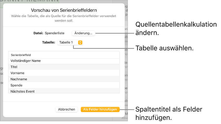 Die geöffnete Vorschaubereich für Serienbrieffelder mit Optionen zum Ändern der Quelldatei oder -Tabelle, Anzeigen einer Vorschau der Serienbrieffeld-Namen oder Hinzufügen der Spaltenüberschriften als Felder.