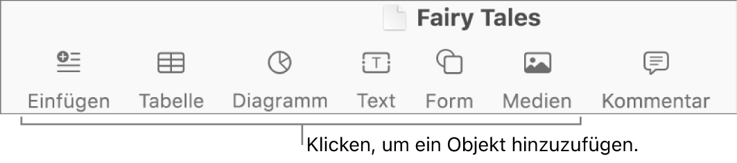 Die Symbolleiste mit Tasten zum Hinzufügen von Tabellen, Diagrammen, Text, Formen und Medien