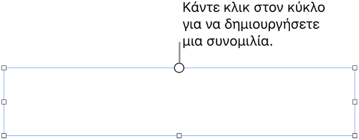 Ένα κενό πλαίσιο κειμένου με έναν λευκό κύκλο στο πάνω μέρος και λαβές αλλαγής μεγέθους στις γωνίες, στο πλάι και στο κάτω μέρος.