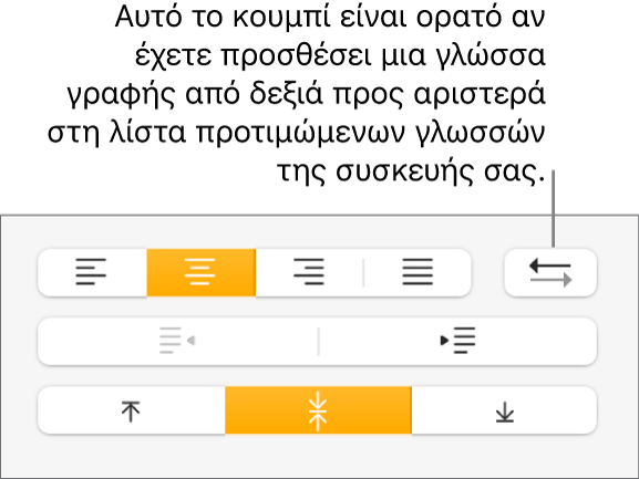 Το κουμπί «Κατεύθυνση παραγράφου» στην ενότητα Στοίχιση στην πλαϊνή στήλη «Μορφή».
