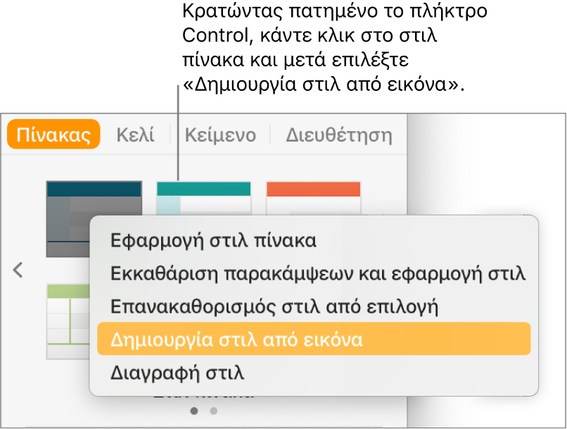 Το μενού συντόμευσης στιλ πίνακα.