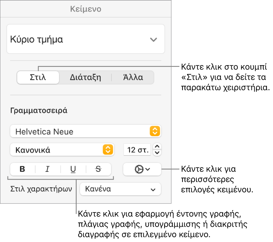Τα στοιχεία ελέγχου στιλ στην πλαϊνή στήλη «Μορφή» με επεξηγήσεις για τα κουμπιά «Έντονα», «Πλάγια» και «Υπογράμμιση» και «Διακριτή διαγραφή».