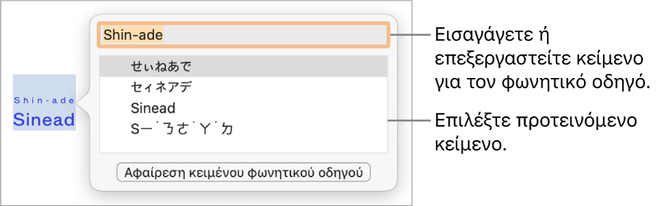 Ο ανοιχτός φωνητικός οδηγός για μια λέξη με επεξηγήσεις στο πεδίο κειμένου και προτεινόμενο κείμενο.