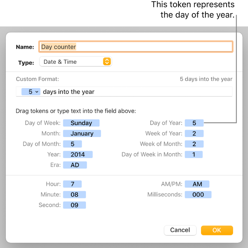 The custom cell format window with controls for choosing custom date and time formatting.
