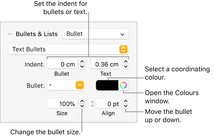 The Bullets and Lists section with a call out to the controls for bullet and text indent, bullet colour, bullet size and alignment.