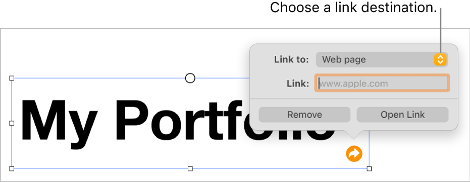 The link editor controls with Web Page selected, and the Remove and Open Link buttons at the bottom.