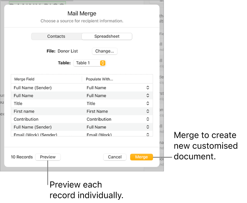 Mail Merge pane open, with options to change the source file or table, preview the merge field names or individual records or merge the document.
