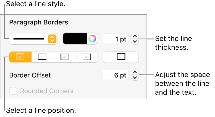 Controls to change the line style, thickness, position and colour.
