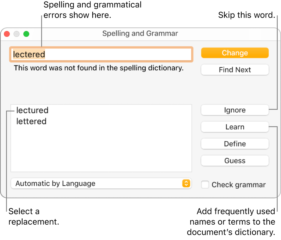The Spelling and Grammar window.