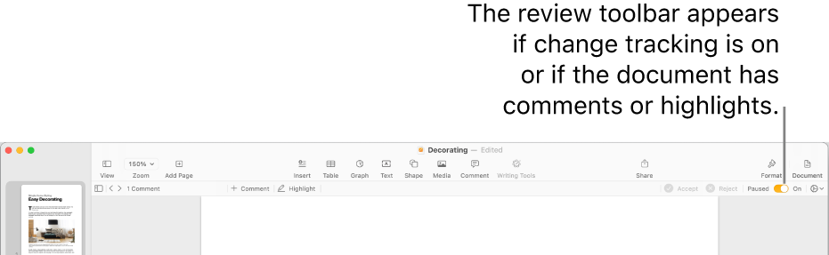 The Pages toolbar with change tracking turned on and the review toolbar below the Pages toolbar.