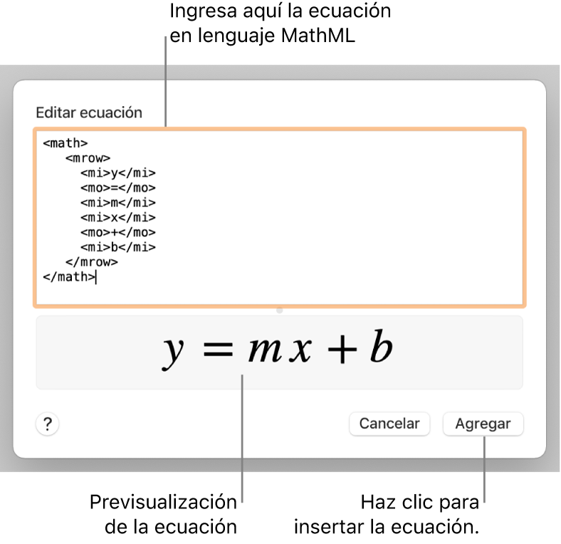 La ecuación de la pendiente de una recta en el campo Editar ecuación y la vista previa de la fórmula a continuación.
