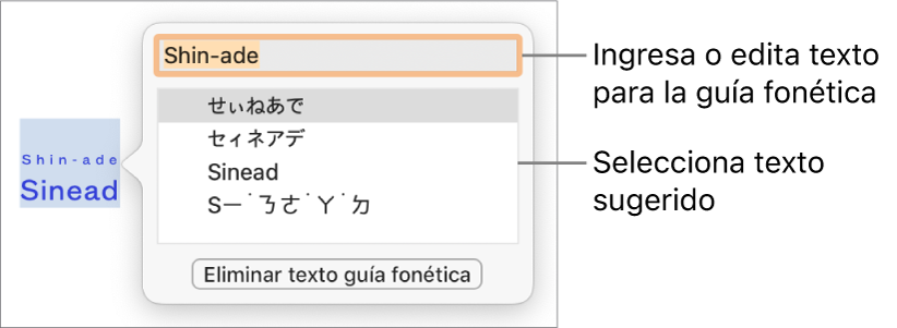 Guía fonética abierta para una palabra, con mensajes en el campo de texto y en el texto sugerido.