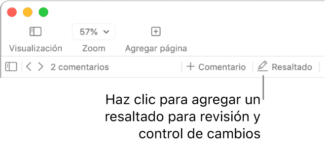 La barra de menús con el menú Insertar debajo, la barra de herramientas de Pages en la que se ven las herramientas de revisión y un mensaje en el botón Resaltado.
