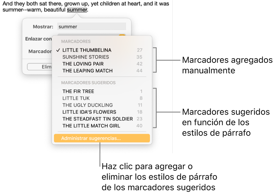 La lista de marcadores con marcadores agregados de forma manual en la parte de arriba y los marcadores sugeridos abajo. La opción Administrar sugerencias está al final.