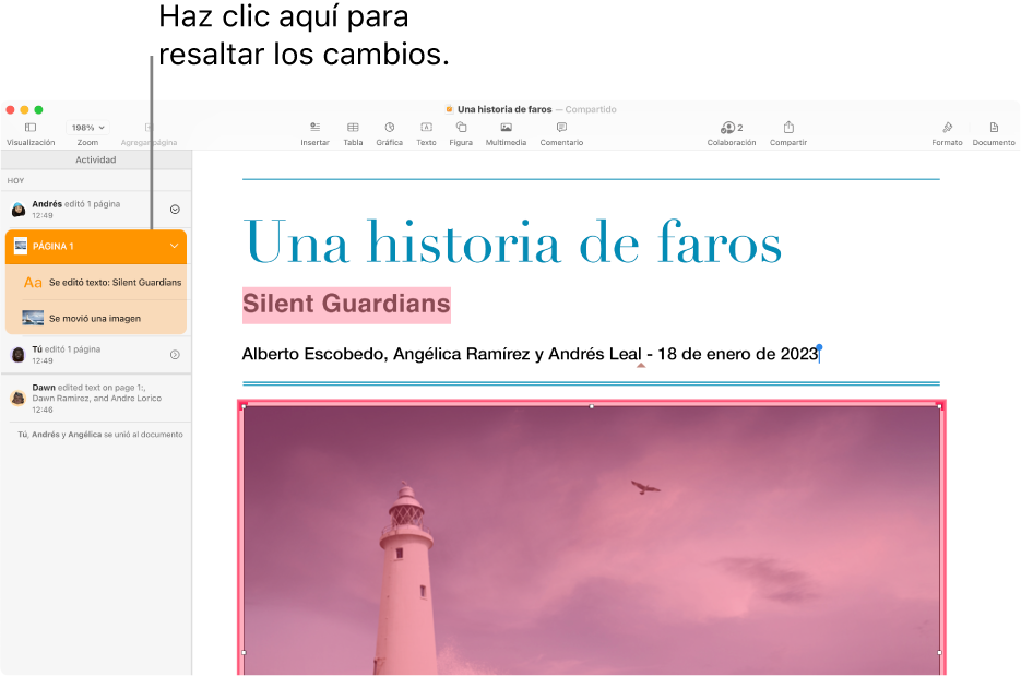 Un documento colaborativo con el menú de colaboración y la lista de actividad abiertos.