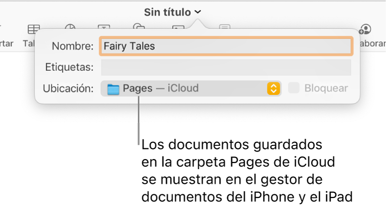 El cuadro de diálogo Guardar de un documento abierto con “Pages — iCloud” se encuentra en el menú desplegable Dónde.