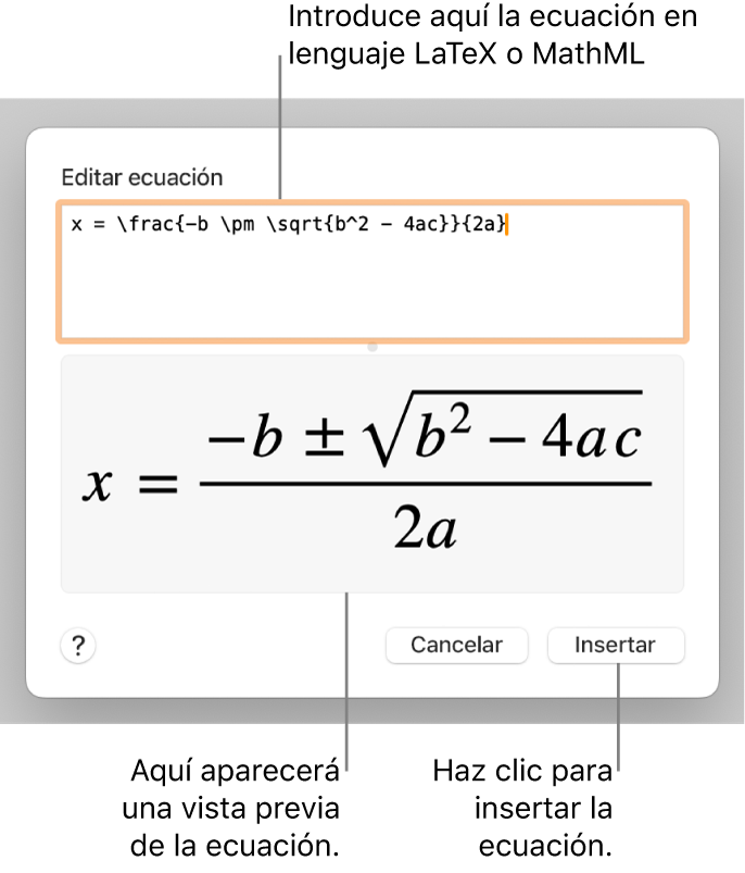 El diálogo “Editar ecuación” con la fórmula cuadrática escrita con LaTeX en el campo “Editar ecuación” y una previsualización de la fórmula a continuación.