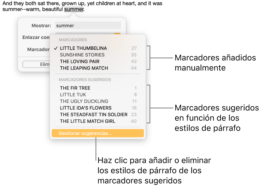 La lista de marcadores con marcadores añadidos de forma manual en la parte de arriba y los marcadores sugeridos abajo. La opción “Gestionar sugerencias” está al final.